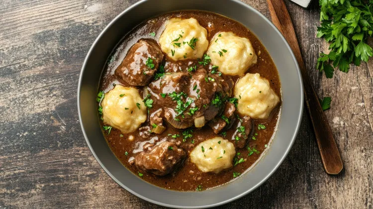 Beef bourguignon with chive dumplings