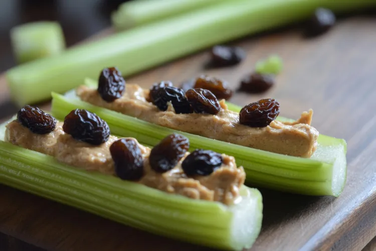 Celery logs with peanut butter and raisins