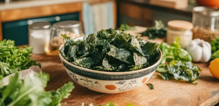 Baked spinach chips with olive oil and salt