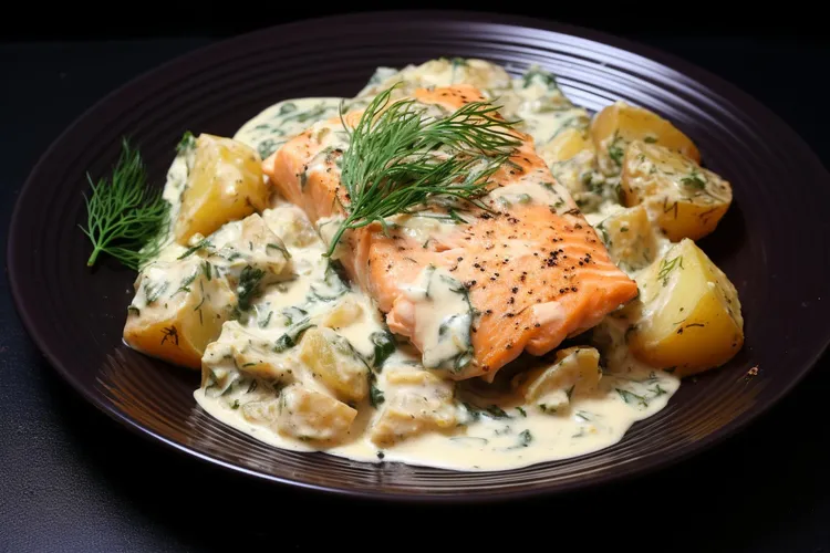 Crispy-skinned salmon with potato and dill salad