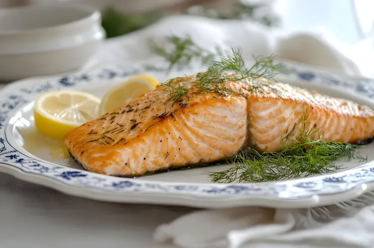 Dill-poached salmon with chicken broth