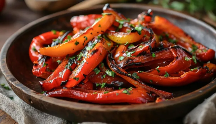 Grilled red peppers with olive oil, parsley and seasonings