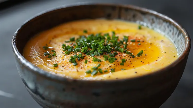 Korean-style spicy steamed eggs with onion and sesame butter