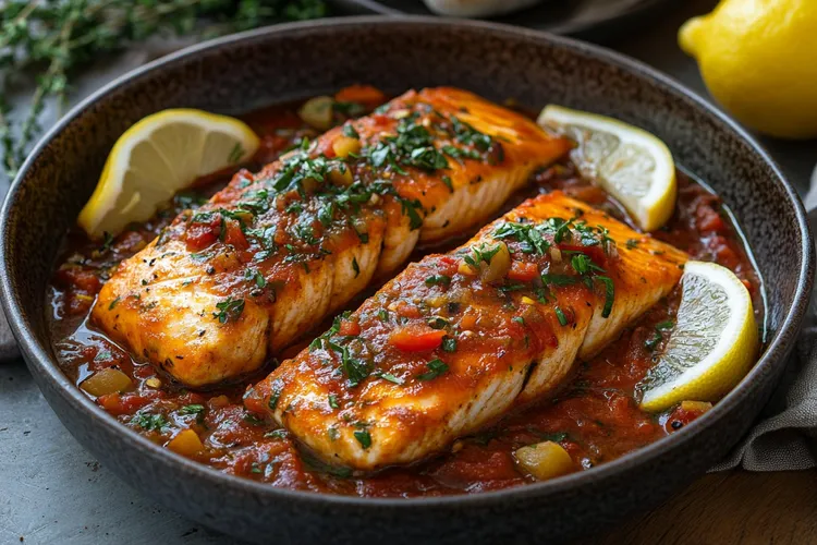 Baked salmon with tomatoes and shallots