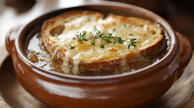 Onion soup with garlic and cheddar croutons