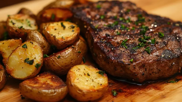 Porterhouse steak with crispy garlic potatoes