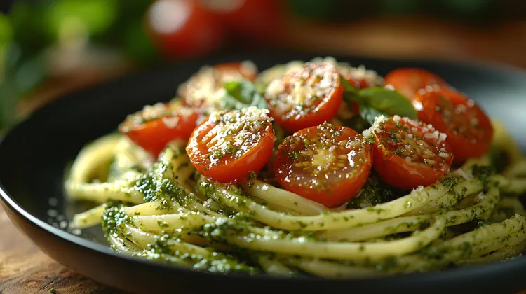 Roast cherry tomato and rocket pesto spaghetti
