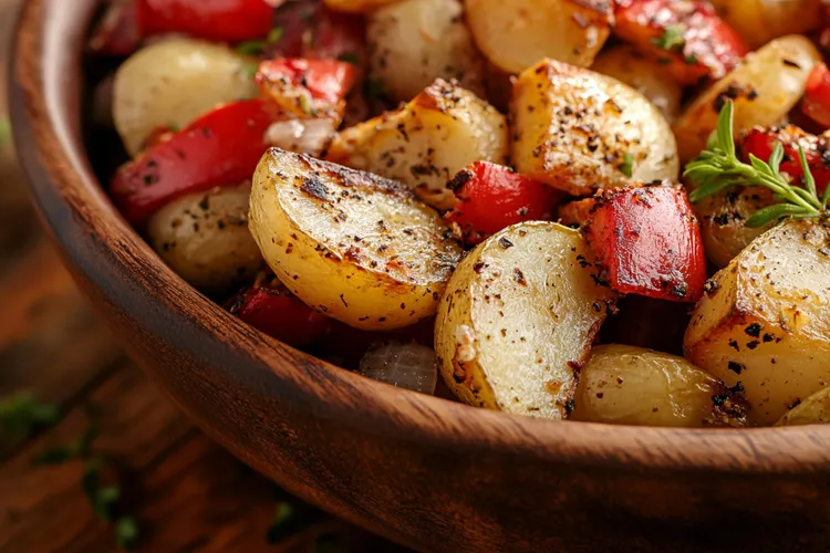 Roasted potatoes and peppers with olive oil and spices