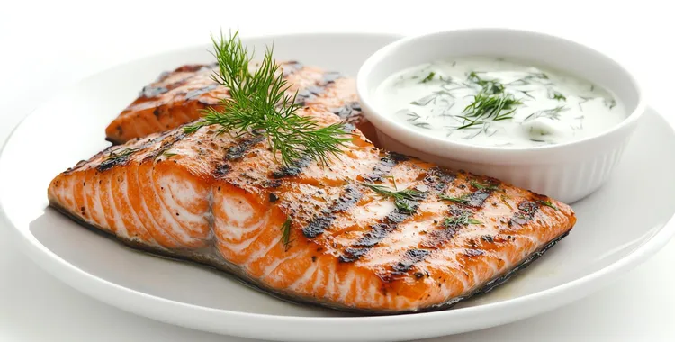 Roasted salmon with cucumber dill yogurt sauce
