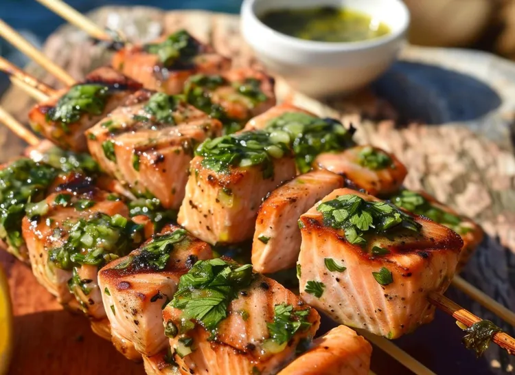 Salmon skewers with almond salsa verde