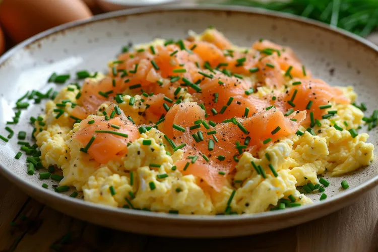 Smoked salmon and creamy scrambled eggs with chives
