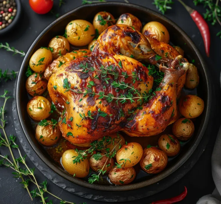 Seasoned chicken with baby potatoes