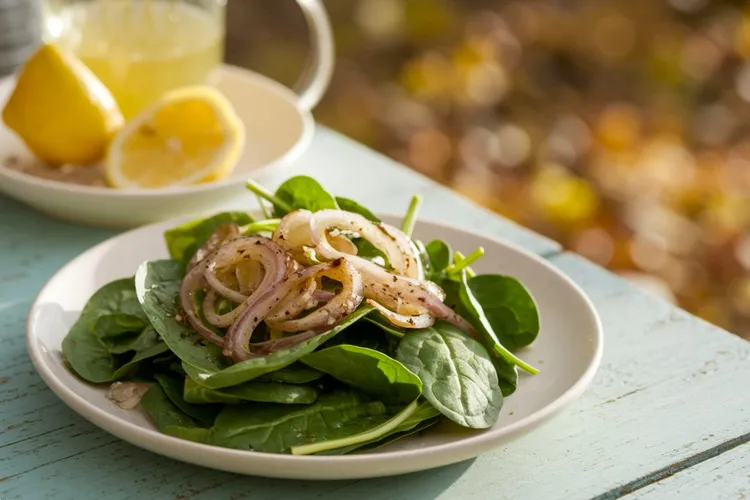 Fresh spinach salad with caramelized onions