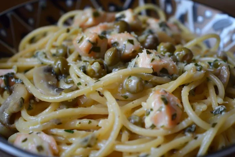 Spaghetti with fried capers and smoked salmon