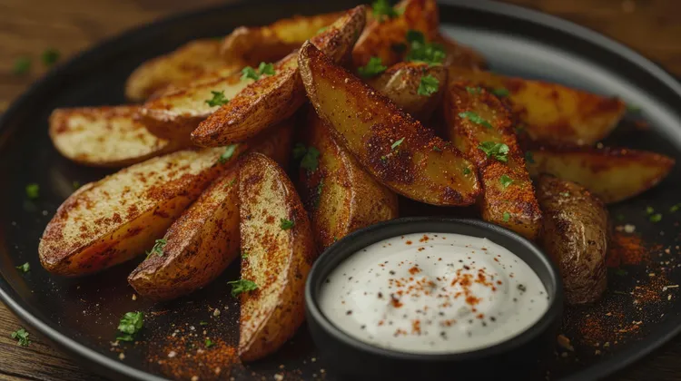 Spicy potato wedges with sour cream