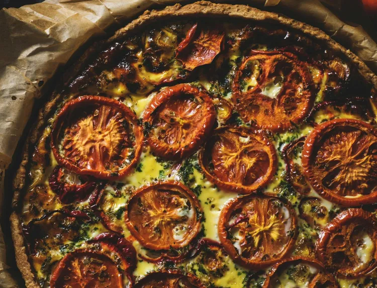 Tomato, ricotta and sticky red onion tart