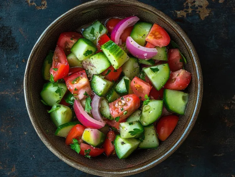 Tomato and cucumber salad with red onion and vinegar