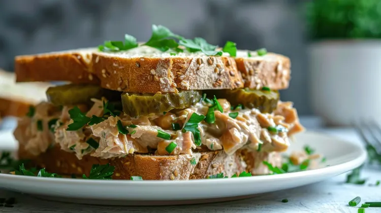 Tuna and pickle sandwich with hummus