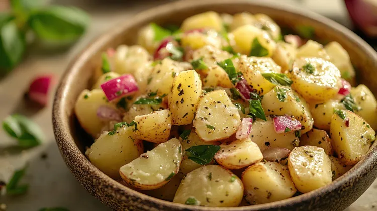 Warm potato salad with grainy mustard and parsley