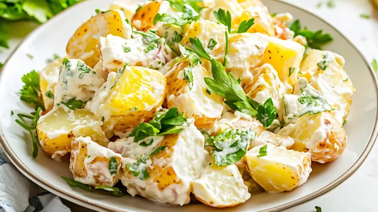 Warm potato salad with sweet chilli sour cream