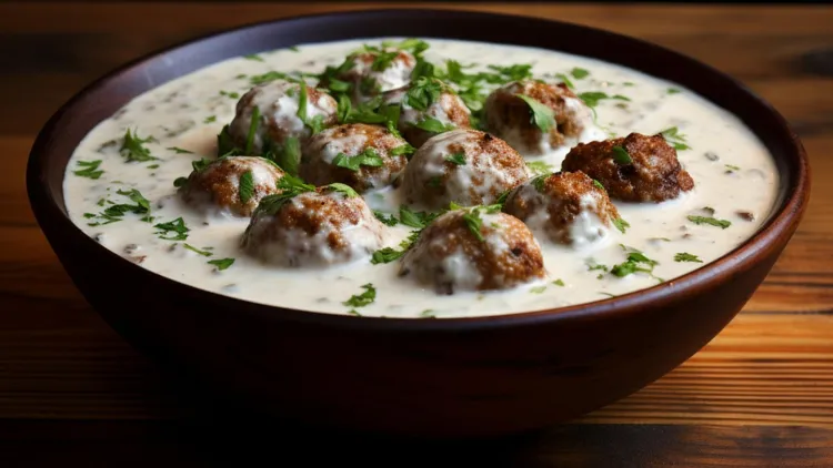 Warm yoghurt and lamb kofta soup
