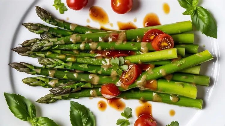 Asparagus with tomatoes and lemon mustard dressing