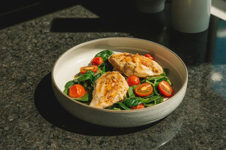 Balsamic chicken with spinach and cherry tomatoes