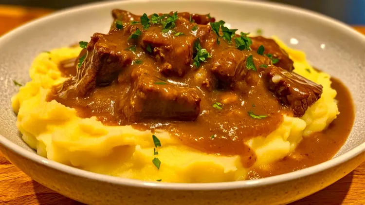 Beef and red wine casserole with mashed potato
