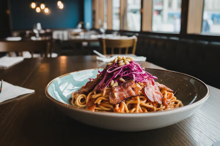 Bacon cabbage pasta with pine nuts
