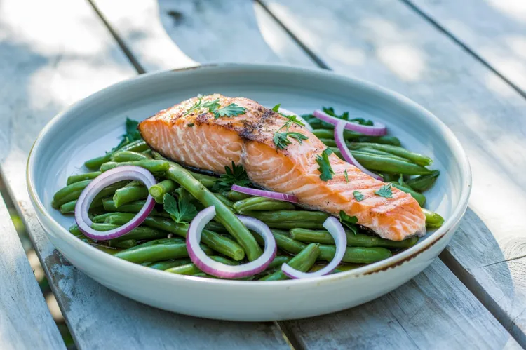 Chargrilled salmon with bean and parsley salad