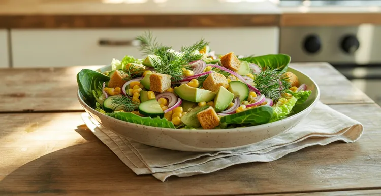 Avocado salad with croutons and sweet corn