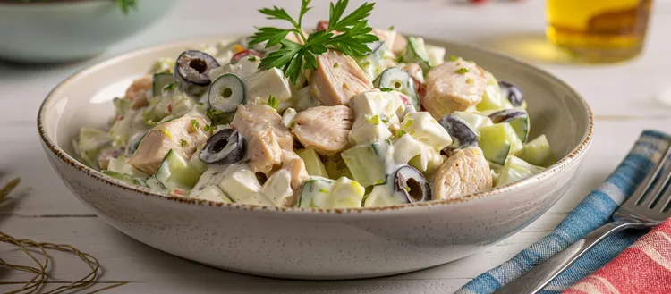 Greek chicken salad with olives and feta cheese