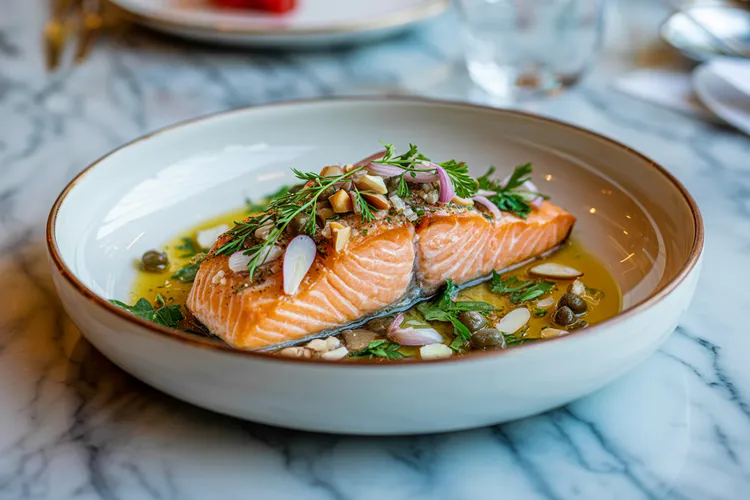 Baked salmon with almond parsley salad