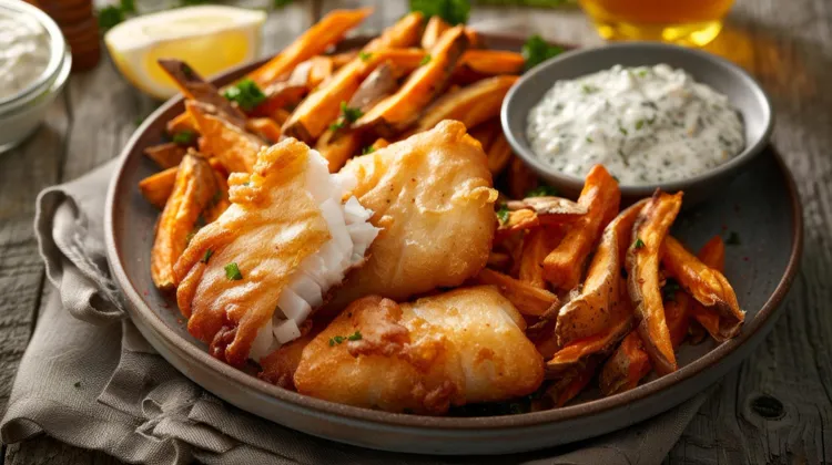 Fish and chips with lemon-yoghurt dressing