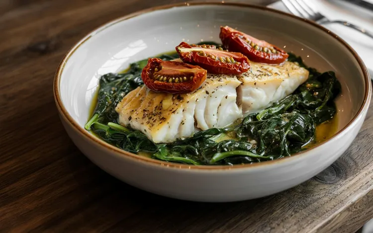 Fish with creamed spinach and tomatoes