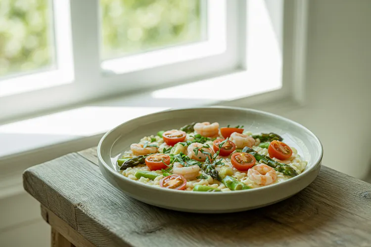 Fresh tomato, shrimp and asparagus risotto