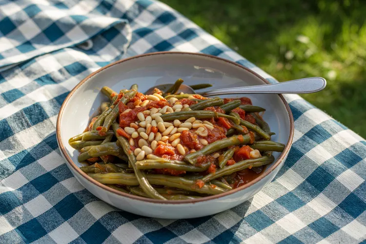 Garlicky green beans with tomato and pine nuts