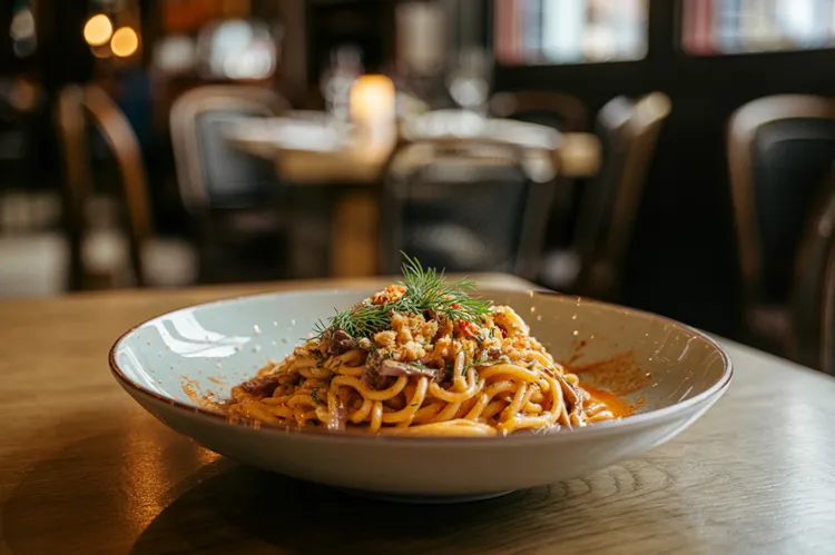 Gluten-free pasta with spicy anchovy sauce