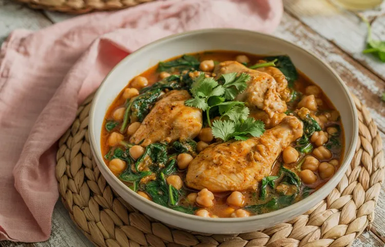 Indian chicken curry with chickpeas and spinach