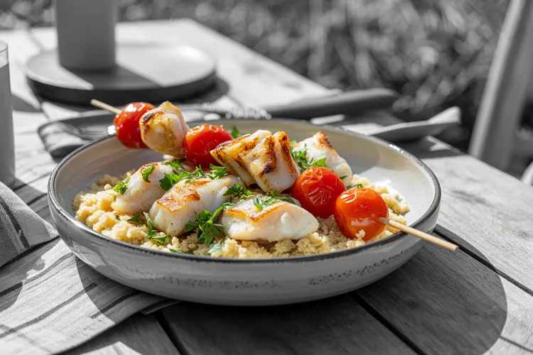 Lemon and garlic fish skewers