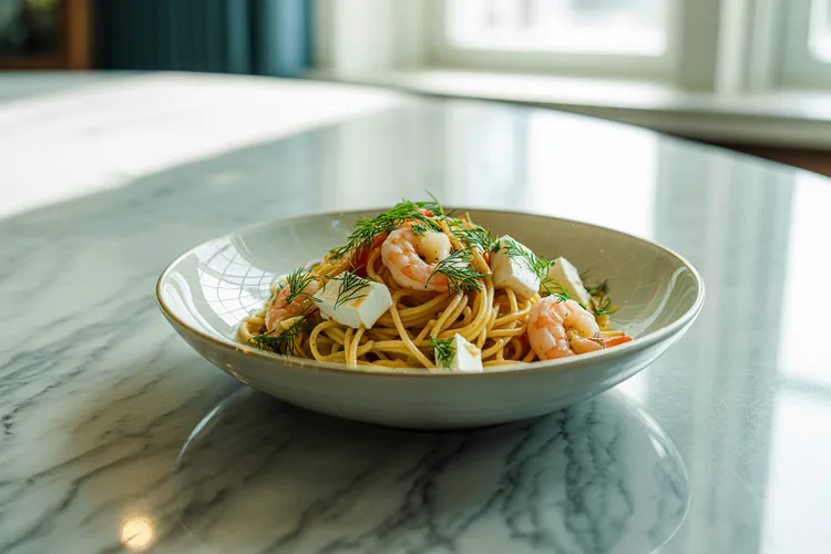 Lemon shrimp spaghetti with feta