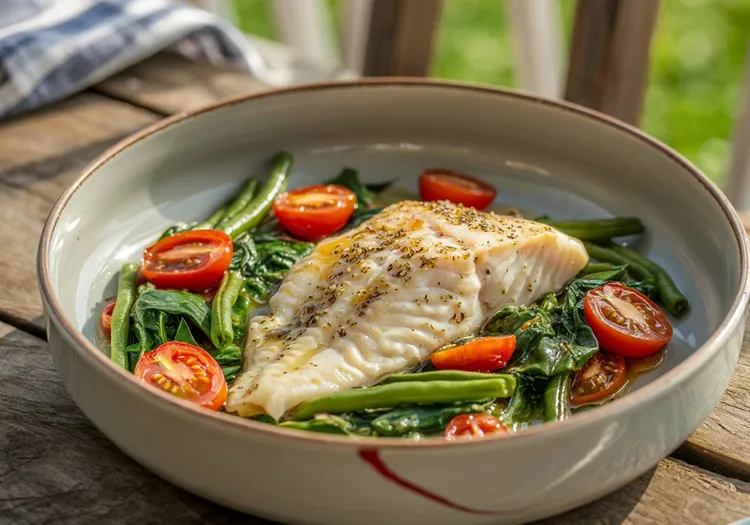 Lemon fish with sauteed beans and tomatoes