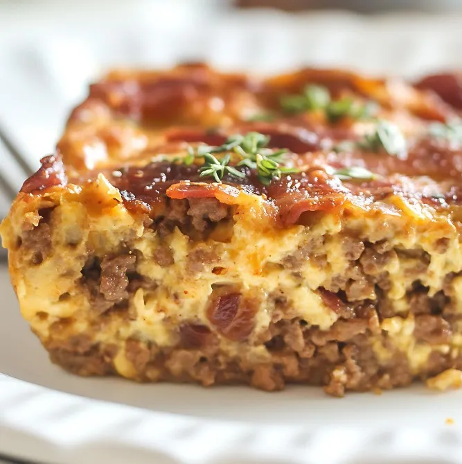 Low-carb bacon and beef casserole with creamy tomato sauce