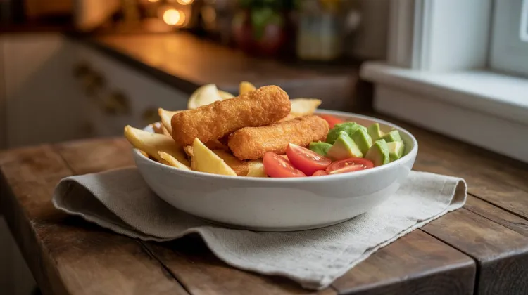 Oven-baked fish fingers and chips