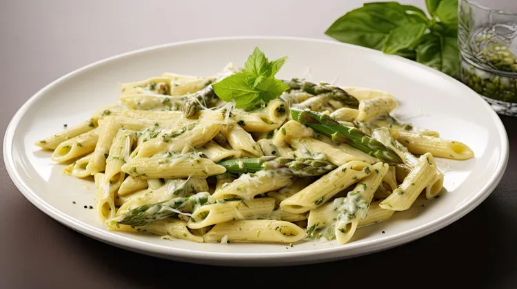 Penne with roasted asparagus