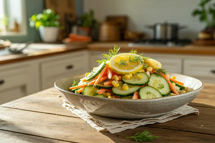 Cucumber, carrot and lemon salad with sweet corn and dill