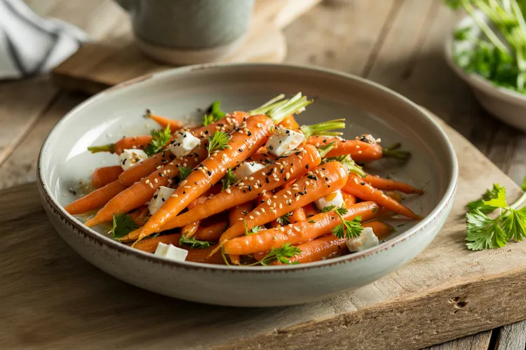 Roasted baby carrots with sesame and feta