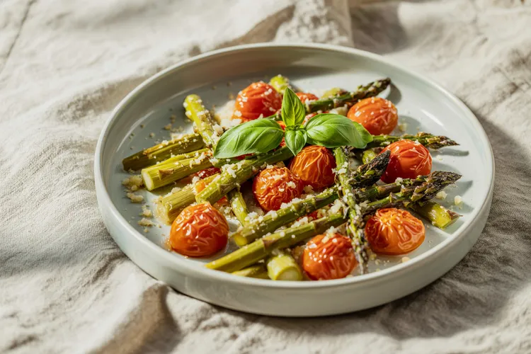 Roasted tomatoes and asparagus with cheesy crumbs