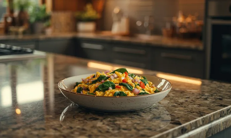 Spinach scramble with red pepper and onion