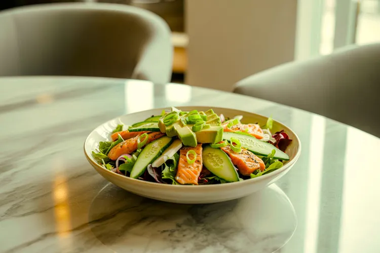 Smoked salmon, cucumber and greens salad